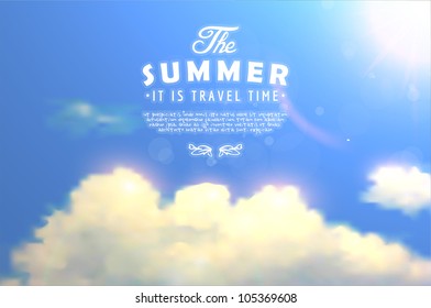 Editable vector illustration of shine white clouds in a blue sky with summer sun made using a gradient mesh