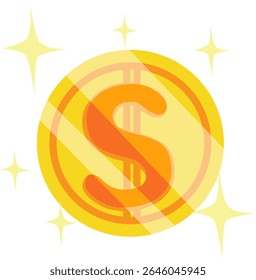 Ilustração vetorial editável de uma brilhante moeda dourada com um símbolo de dólar laranja ($) no centro, rodeado por cintilações radiantes. 