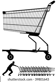 Editable Vector Illustration Of A Shopping Trolley Silhouette Plus A Worker Pushing Them