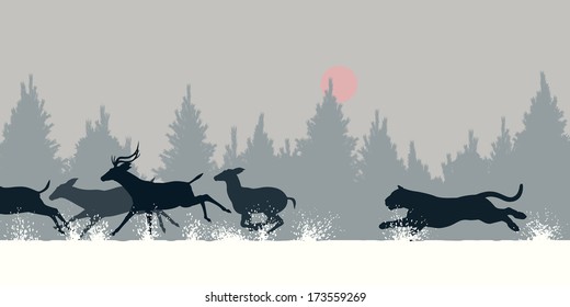 Editable vector illustration of a Siberian tiger chasing deer through snow