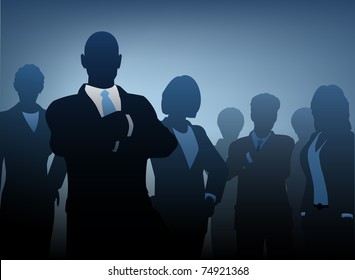 Editable vector illustration of silhouettes of a business team