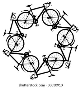 Editable vector illustration of six generic bicycle silhouettes joined in a hexagonal ring