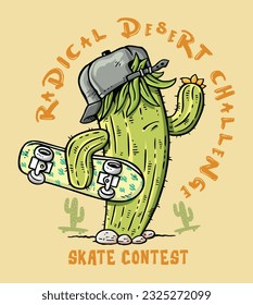 Editable vector illustration of skater cactus in cartoon style. Stripped design for prints on t-shirts, posters, decoration and etc.