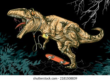 Editable vector illustration of skater dinosaur in night landscape with lightning in the background.