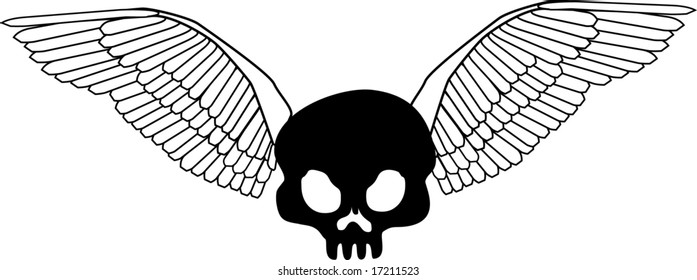 a editable vector illustration of a skull with bird wings attached.