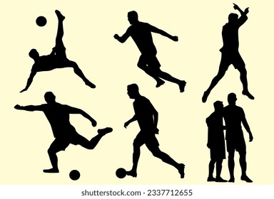 editable vector illustration of soccer player silhouettes as a set, isolated light yellow. suitable for use as a sports player poster element.