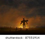 Editable vector illustration of a soldier carrying a wounded comrade with background made using a gradient mesh