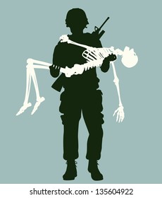 Editable vector illustration of a soldier carrying a skeleton in his arms