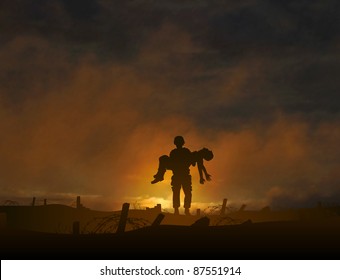 Editable vector illustration of a soldier carrying a wounded comrade with background made using a gradient mesh