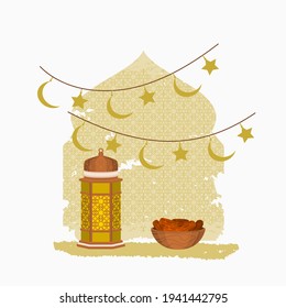 Editable Vector Illustration of Standing Arabic Lamp and Dates Fruit in a Wooden Bowl on Patterned Mosque Silhouette Brush Strokes With Hanging Crescent Moons and Stars for Ramadan and Eid Greeting