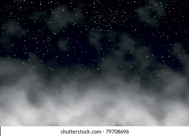 Editable vector illustration of stars in the night sky above clouds made with a gradient mesh