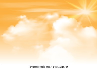 Editable vector illustration of sunshine tone sky with white clouds and lens flare effect, HD vector, realistic, sunset