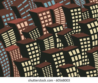 Editable vector illustration of swaying skyscrapers at night