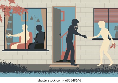 Editable vector illustration of a teenage boy sneaking his girlfriend into his house while his parents are distracted 