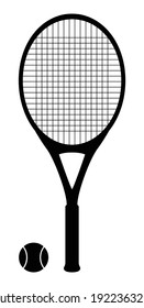 an editable vector illustration of tennis racquet with tennis ball as black silhouette