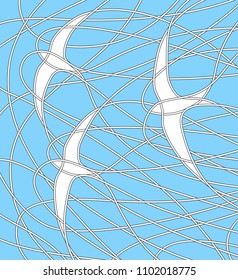 Editable vector illustration of three swifts flying in a blue sky 