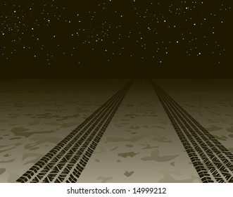 Ilustración vectorial editable de pistas de neumáticos que desaparecen en la noche