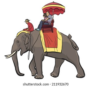 Editable vector illustration of tourists riding on an Asian elephant with mahout