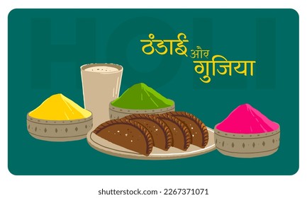 Bearbeitbare Vektorgrafik der traditionellen indischen Holi süße Gujiya und Milch namens Thandai. Happy Holi Festival.