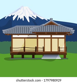 Editable Vector Illustration of Traditional Japanese House with Mount Fuji Background for Tourism Travel and Culture or History Education