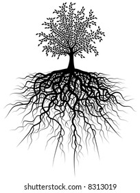 Editable vector illustration of a tree and its roots