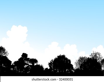 Editable vector illustration of tree silhouettes and a summer sky