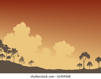 Editable vector illustration of tree silhouettes and sky
