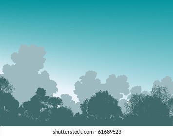 Editable vector illustration of tree silhouettes and sky