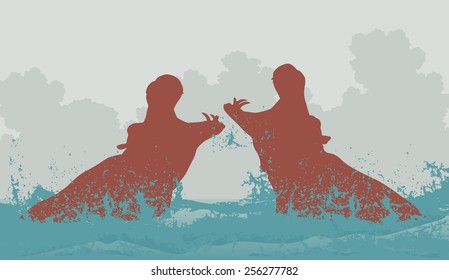 Editable vector illustration of two hippopotamuses fighting in water