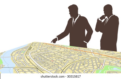 Editable vector illustration of two men standing by a generic city map