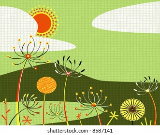 Editable vector illustration of umbellifer flowers and background landscape