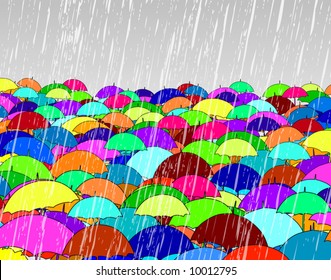 Editable vector illustration of umbrellas in rain