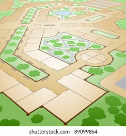 Editable Vector Illustration Of An Unlabeled Generic Shopping Mall Map From An Angled Perspective