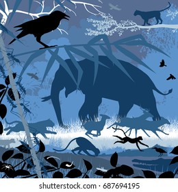 Editable vector illustration of various asian wildlife in natural habitat 