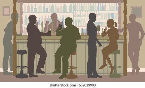 Ilustración vectorial editable de varias personas sociables alrededor de un bar ocupado 