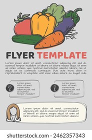 Editable vector illustration of vegetables and fruits. Template design for flyer, banner. Healthy lifestyle concept