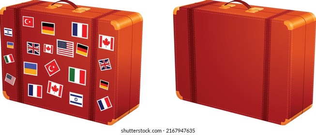 An Editable Vector Illustration Of Vintage Travel Suitcases With Flag Stickers And Blank One