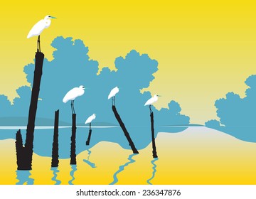 Editable vector illustration of white egrets perched on poles in a lake