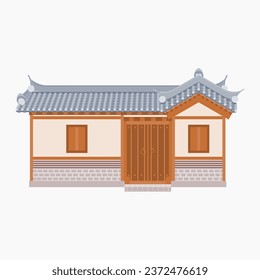 Editable Vector Illustration of Wide Traditional Hanok Korean House Building for Artwork Element of Oriental History and Culture Related Design