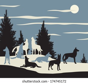 Editable vector illustration of a wolf pack howling at the moon