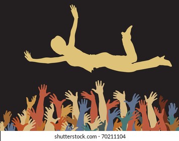 Editable vector illustration of a woman being caught by many hands