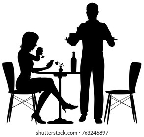 Editable vector illustration of a woman being served food by a man who could be a waiter or her partner with elements as separate objects 