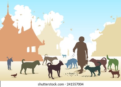 Editable vector illustration of a woman feeding stray dogs in a Buddhist temple where many abandoned pets end up