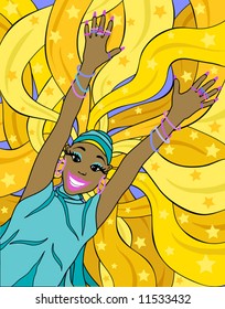 Editable vector illustration of a woman jumping with background hair on separate layer