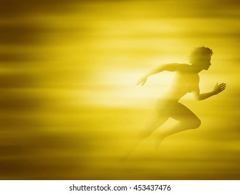 Editable vector illustration of a woman sprinting in a golden blur created using gradient meshes