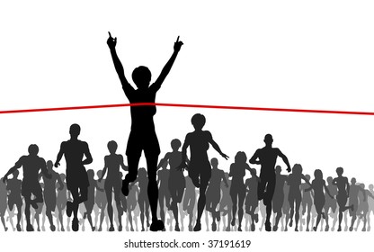 Editable vector illustration of a woman winning a race