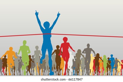 Editable vector illustration of a woman winning a colorful race