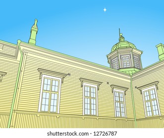 Editable vector illustration of a wooden Russian church
