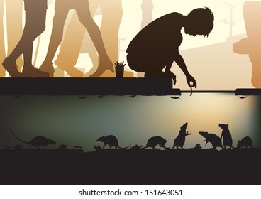 Editable Vector Illustration Of A Young Boy Feeding Rats In A City Sewer Made Using A Gradient Mesh