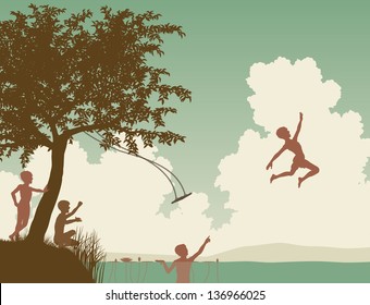 Editable vector illustration of young boys leaping off a tree swing into a lake or river